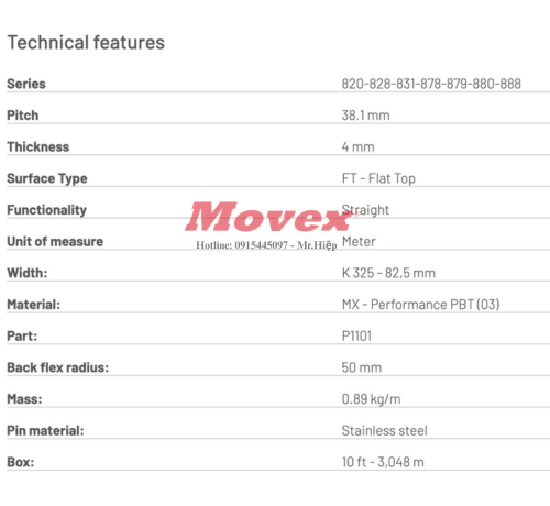Băng tải xích nhựa Movex Flat Top MX 820 K325 - P11010302 7 1
