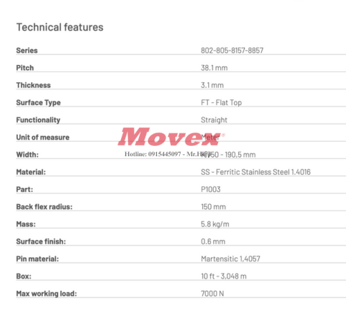 Xích Inox chạy thẳng Movex SS Flat Top 802 K750 - P10030207 3 15