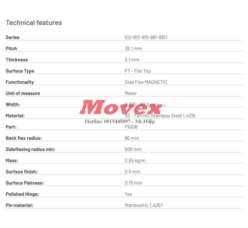 Xích Inox chạy cong SS Flat Top 881 M K325 - P10080202 4 6