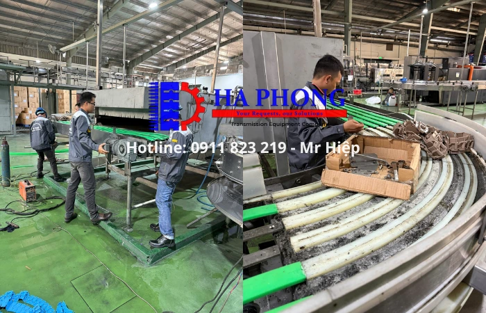 Kỹ thuật viên Hà Phong đang lắp đặt hệ thống cơ cong và thanh lót nhựa cho dây chuyền nước khoáng.